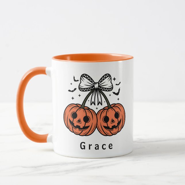 Caneca Abóbora Cerejas Coquette Halloween Personalizado (Esquerda)