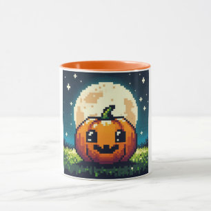 Caneca Abóbora de Halloween de 8 bits sob a lua