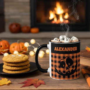 Caneca Abóbora de Halloween Laranja e Xadrez Preto Nome