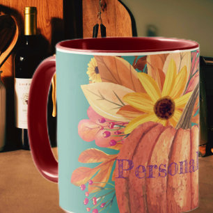 Caneca Abóbora-de-outono, laranja-e-lacete floral