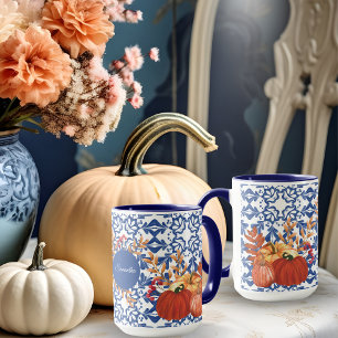 Caneca Abóboras de Outono Floral e Folhas de Outono em Aq