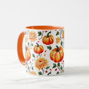 Caneca Abóboras e Crisântemos Festivos de Outono