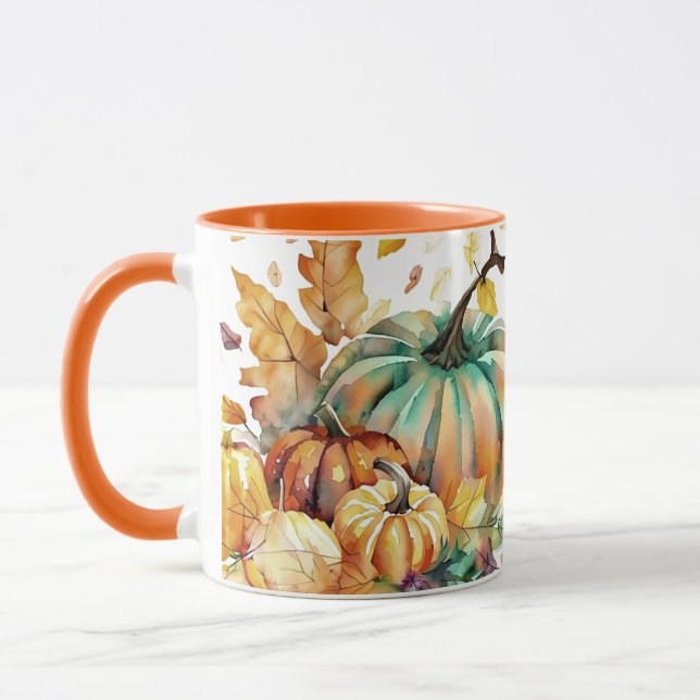 Caneca Abóboras e folhas coloridas em aquarela (Esquerda)