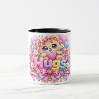 Caneca Abraços Fofo Kawaii Urso de Pelúcia Rosa Pastel Fl