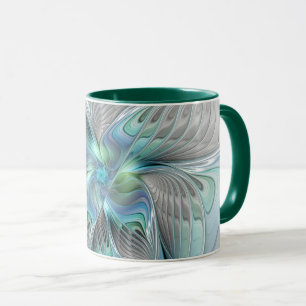 Caneca Abstrato Azul Borboleta Verde Fantasia Arte Fracta