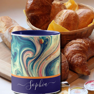 Caneca abstrato azul&dourado girar - adicionar nome