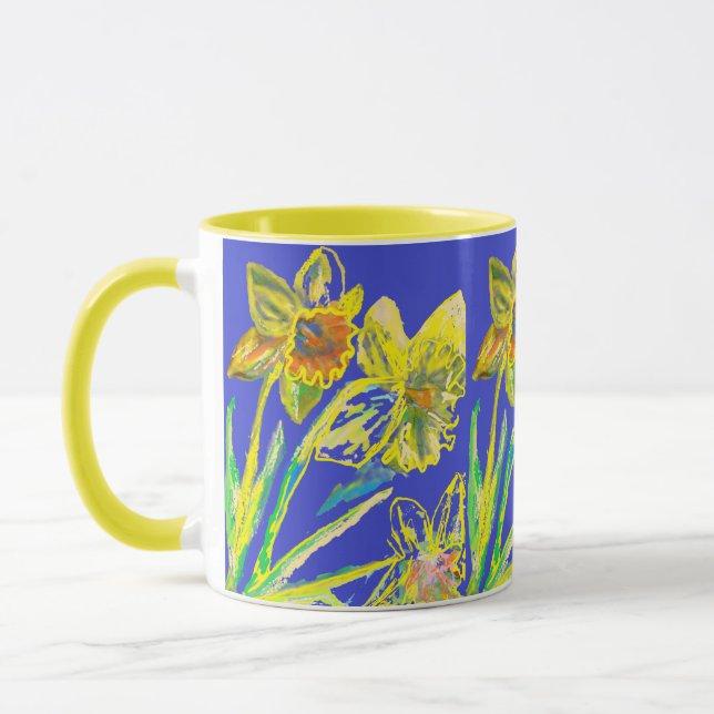 Caneca Abstrato Daffodil Flores Azuis Amarelas Arte Flora (Esquerda)