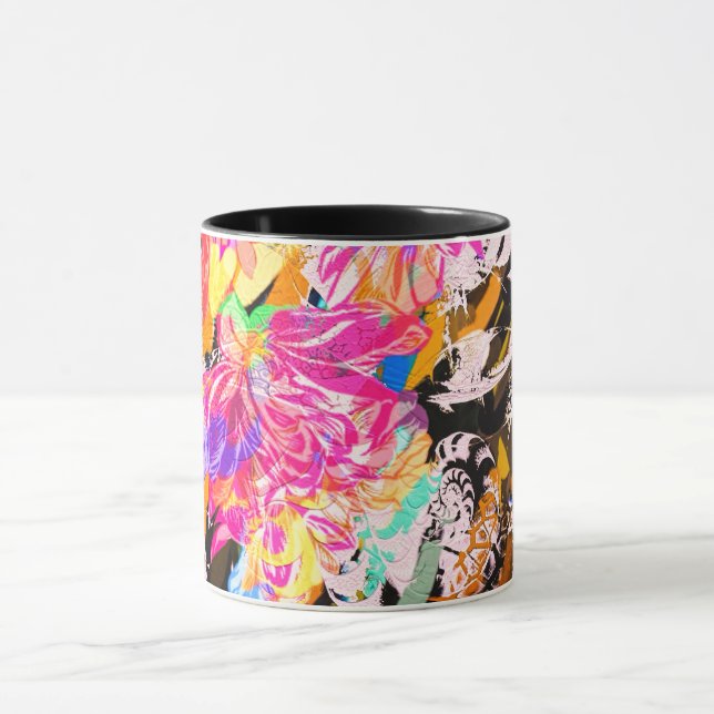 Caneca Abstrato floral e padrão animal, cor-de-rosa preta (Centro)