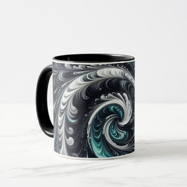 Caneca Abstrato Moderno Redemoinho Verde, Prata e Preto (Frente Esquerda)