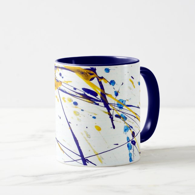 Caneca Abstrato Paint Splatter em azul e Dourado (Frente Esquerda)