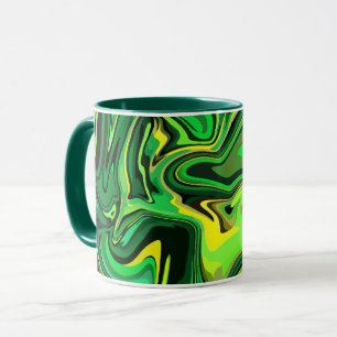 Caneca Abstrato Verde e Design de Fluidos Amarelos