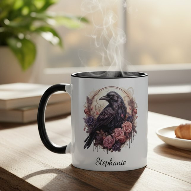 Caneca Academia Sombria Corvo Gótico Floral (Black raven with roses coffee mug
)