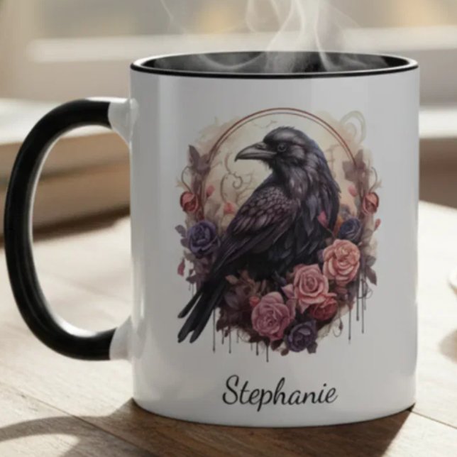 Caneca Academia Sombria Floral Gótica Corvo (Raven floral coffee mug for nature lovers, ideal for a birthday.)