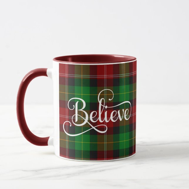 Caneca Acredite no White Script Red Green Scottish Tartan (Esquerda)