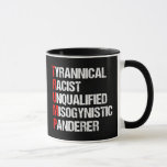 Caneca Acrônimo Anti Trump Funny<br><div class="desc">Anti Trump Funny Acronym Mug, que apresenta um poema de palavra descrevendo seu personagem: pensador tirânico, racista, inqualificado, misógino. Resistir a este presidente e continuar a apoiar os esforços de resistência à igualdade de direitos e à decência humana básica na América. Lutar pela liberdade no nosso país por todas as...</div>