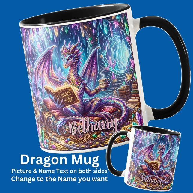 Caneca Adicionar Nome Dragão Fantasia com Livro & Café (Criador carregado)