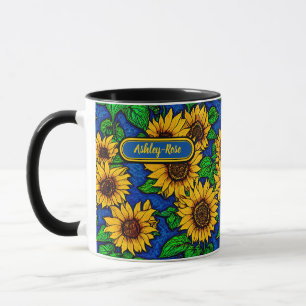 Caneca Adicionar Ouro de Nome Girassóis e Folhas em Azul 