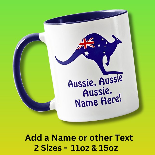 Caneca Adicione Nome, Aussie Aussie Aussie, Blue Kangaroo (Criador carregado)