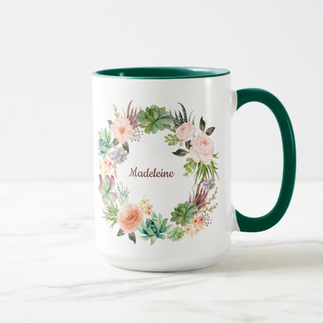 Caneca Adicione seu nome Floral Succult Wreath (Direita)