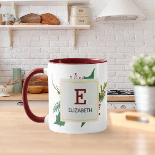 Caneca Adornos Natalinos Elegantes Monograma Vermelho Gre