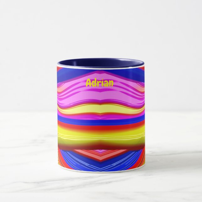 Caneca ADRIAN ~ Zany 3D Fractal ~ Rosa, Amarelo e Azul (Centro)