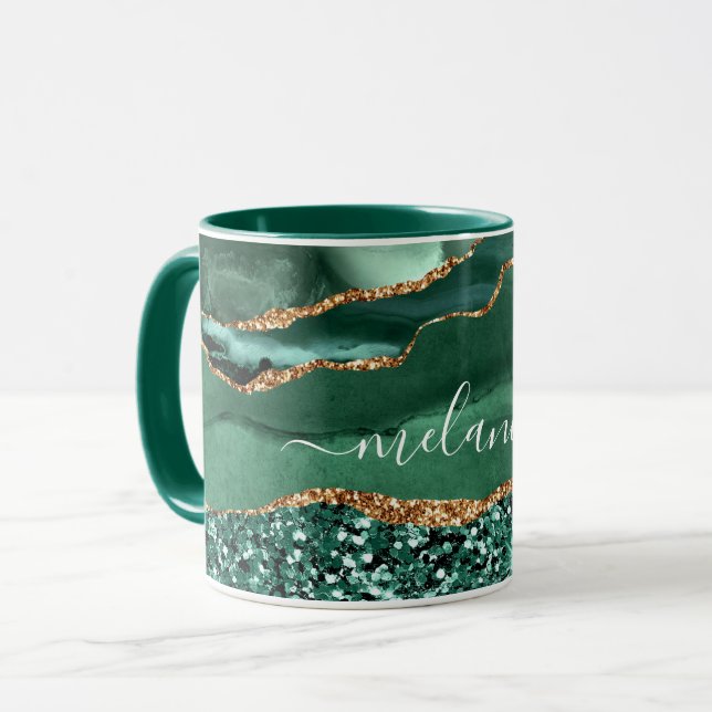 Caneca Agate Green Dourado Marble Mug Oferece Seu Nome (Frente Esquerda)