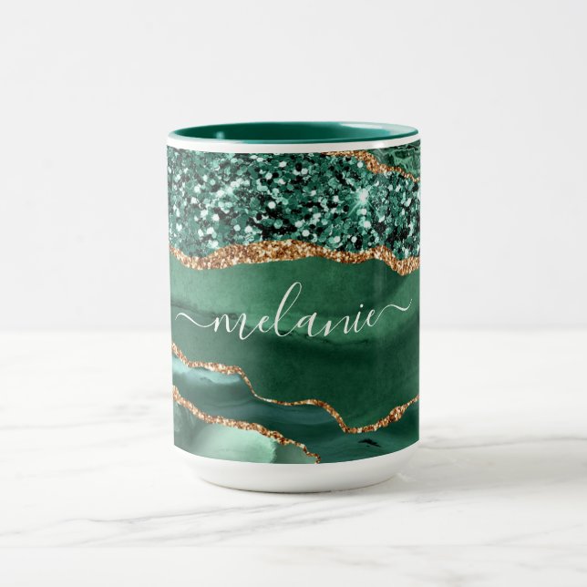 Caneca Agate Green Glitter Marble Custom Name Mug (Centro)