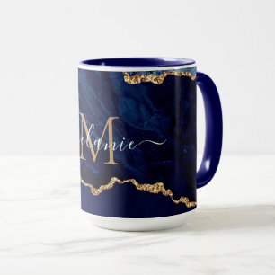 Caneca Agate Marinho Azul Dourado Marble Name Letter Mug