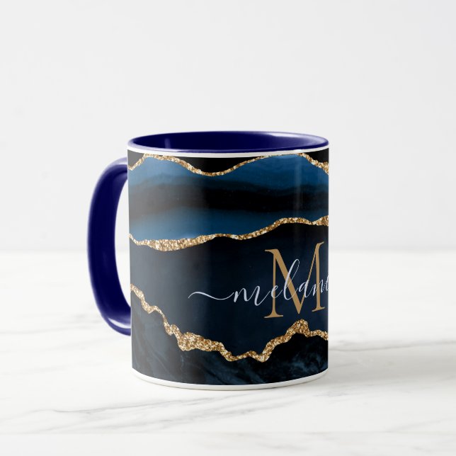 Caneca Agate Marinho Azul Dourado Marble Nome Personaliza (Frente Esquerda)