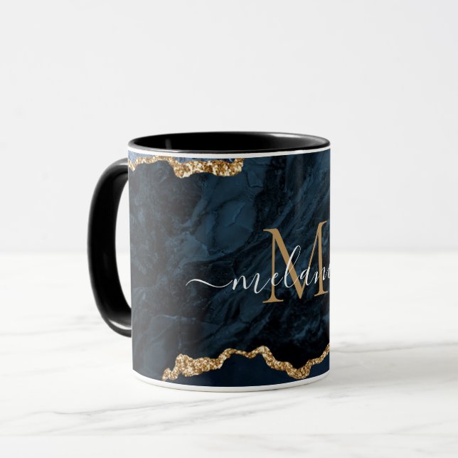 Caneca Agate Marinho Azul Dourado Marble Seu Nome Carta M (Frente Esquerda)