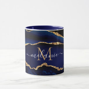 Caneca Agate Marinho Azul Dourado Marble Seu Nome Carta M