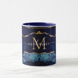Caneca Agate Marinho Azul Dourado Nome Personalizado Lett