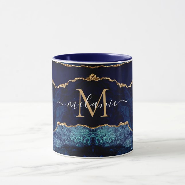 Caneca Agate Marinho Azul Dourado Nome Personalizado Lett (Centro)