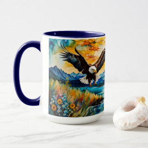 Caneca Águia careca rio flores silvestres ao pôr do sol