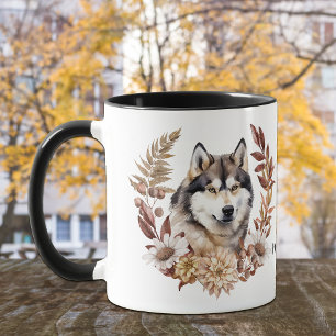 Caneca Alaskan Malamute Dog Autumn Wreath