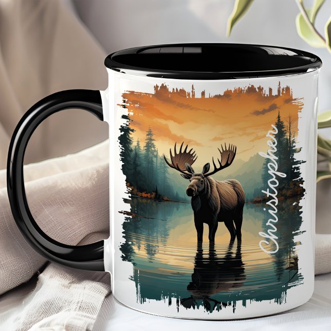 Caneca Alce no Reflexo do Lago ao Nascer do Sol (Criador carregado)