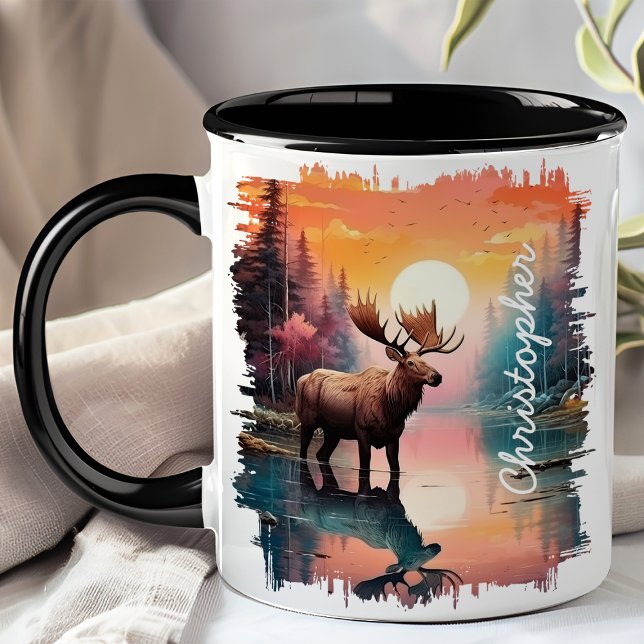 Caneca Alce no Reflexo do Lago ao Pôr do Sol (Criador carregado)