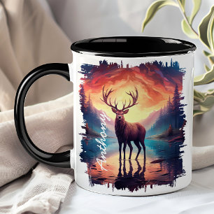 Caneca Alce no Reflexo do Lago da Montanha ao Pôr do Sol