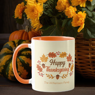 Caneca Alegre Ação de Graças Folhas Coroa Personalizada