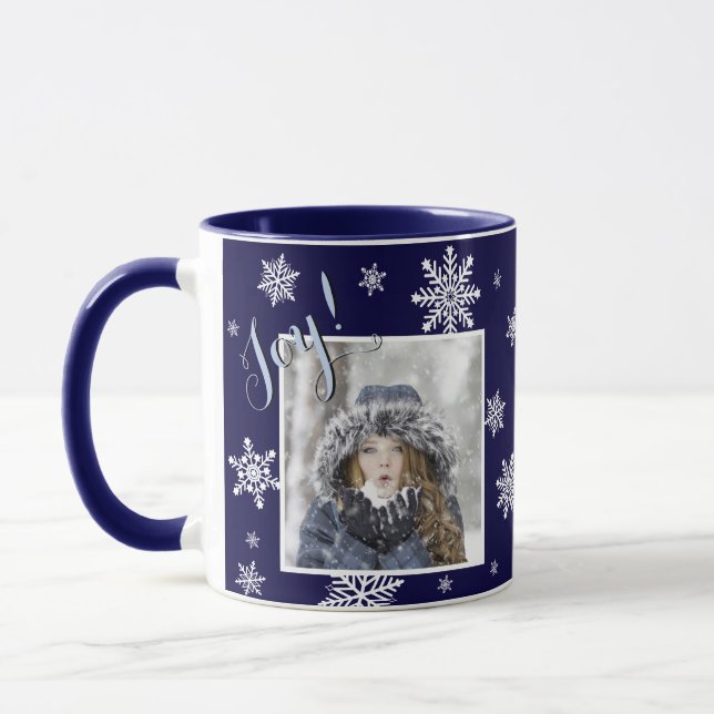 Caneca Alegria! Festivo White Snowflake Foto Marinho Azul (Esquerda)