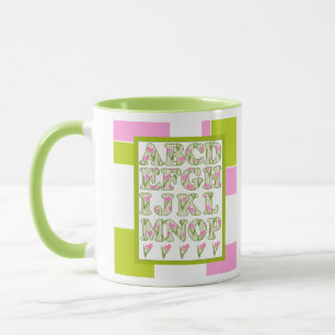 Caneca alfabeto engraçado, alfabeto floral, alfabeto alfa