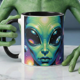 Caneca Alienígena face com planetas reflexões nos olhos