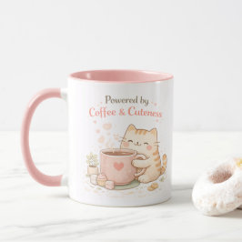 Caneca Alimentado por Café e Cuteness Gato Fofo Doce Rosa