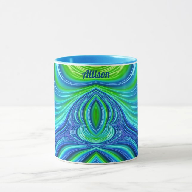 Caneca ALLISON ~ Zany 3D Fractal ~ Blue Green Mug (Centro)