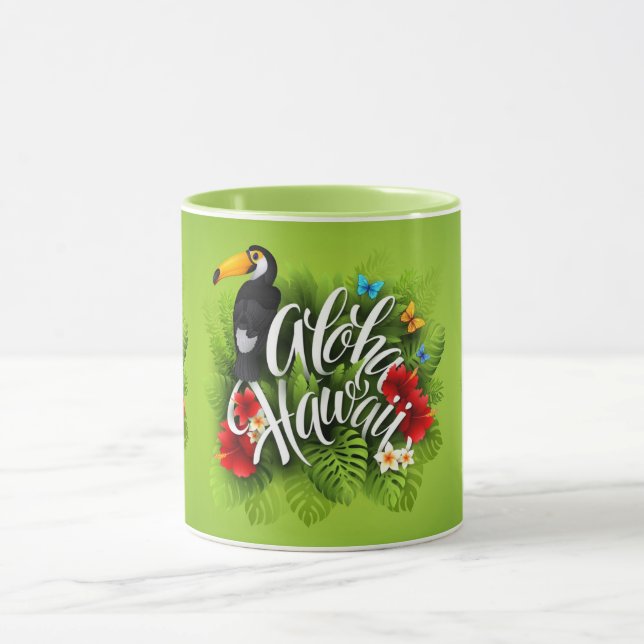 Caneca Aloha Hawaii Flores Folhagem Borboletas Amarelo (Centro)