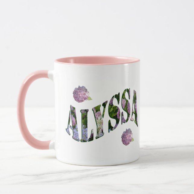 Caneca Alyssa, Nome Do Logotipo Feito Com Hydrangeas, (Esquerda)