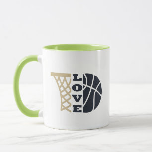 Caneca ama o aro de basquete e a bola azul