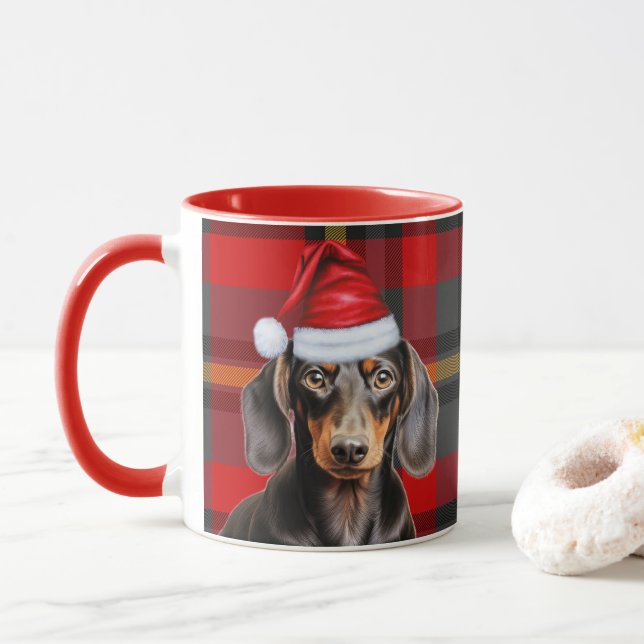 Caneca Amante de Cachorro Vermelho Xadrez Dachshund Liso  (Com Donut)