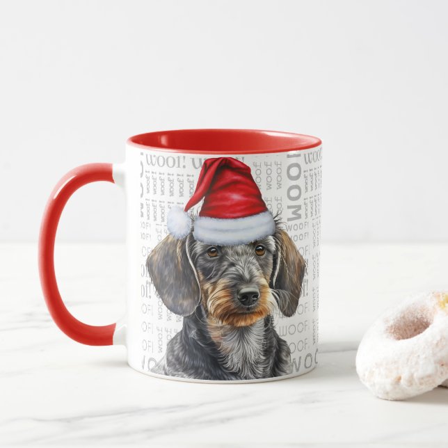 Caneca Amante de Dachshund Cabelo de Arame Fofo Natal (Com Donut)