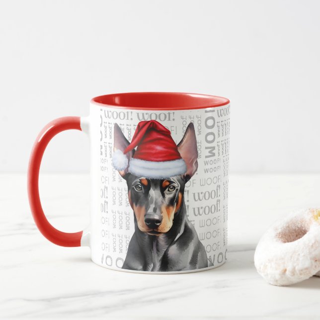 Caneca Amante do Doberman Pinscher Fofo Natal Feriado (Com Donut)